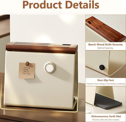 Universal Knife Block Holder, Modern Cream Metal & Beech Wood Knife Block Without Knives, 6 Slot Kitchen Knife Storage Organizer with Water-Absorbing Diatom Pad for Kitchen