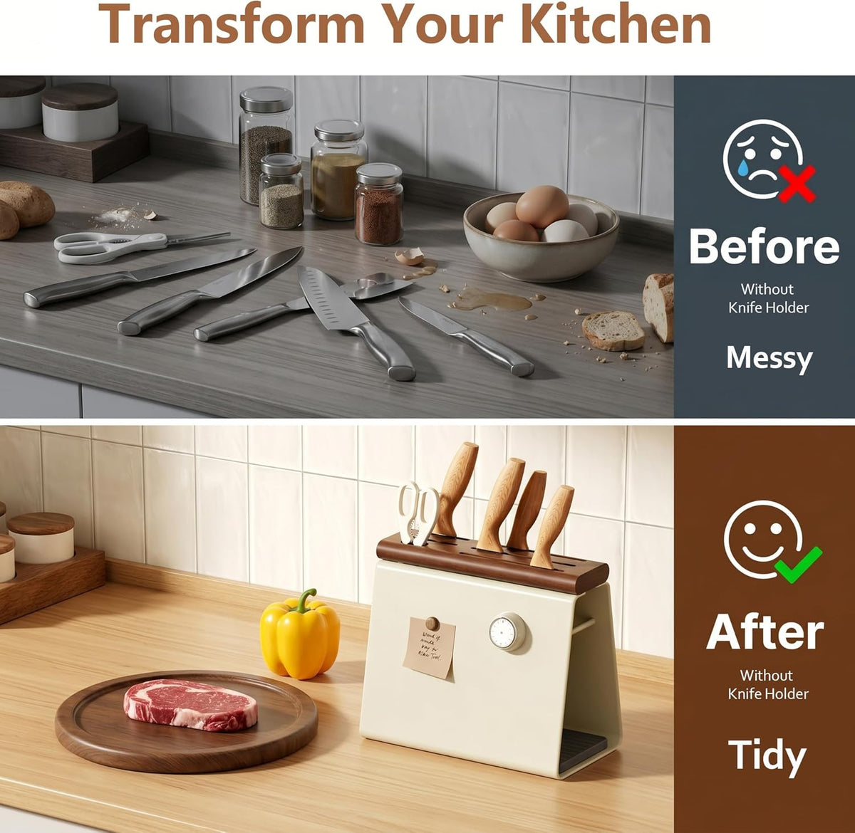 Universal Knife Block Holder, Modern Cream Metal & Beech Wood Knife Block Without Knives, 6 Slot Kitchen Knife Storage Organizer with Water-Absorbing Diatom Pad for Kitchen