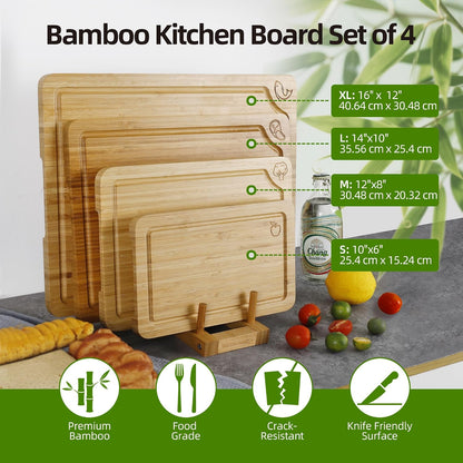 Bamboo Cutting Board Set for Kitchen, 4-Piece Labled Cuttingg Boards