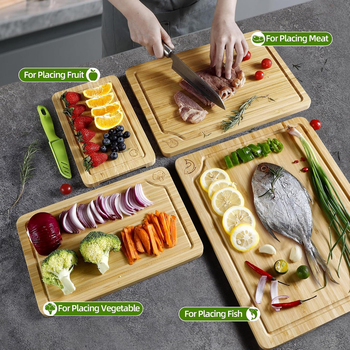 Bamboo Cutting Board Set for Kitchen, 4-Piece Labled Cuttingg Boards