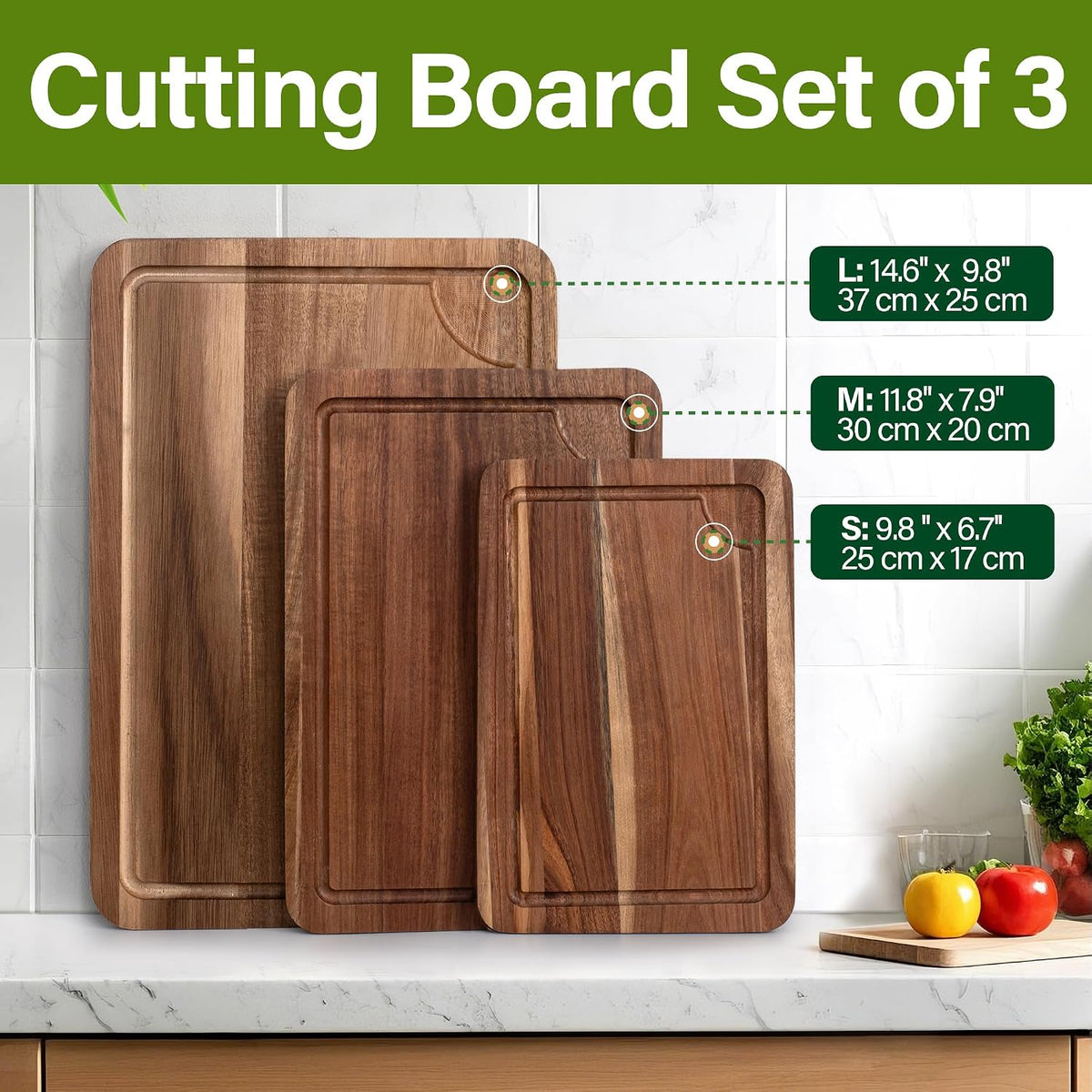 Bamboo Cutting Board Set for Kitchen, 4-Piece Labled Cuttingg Boards