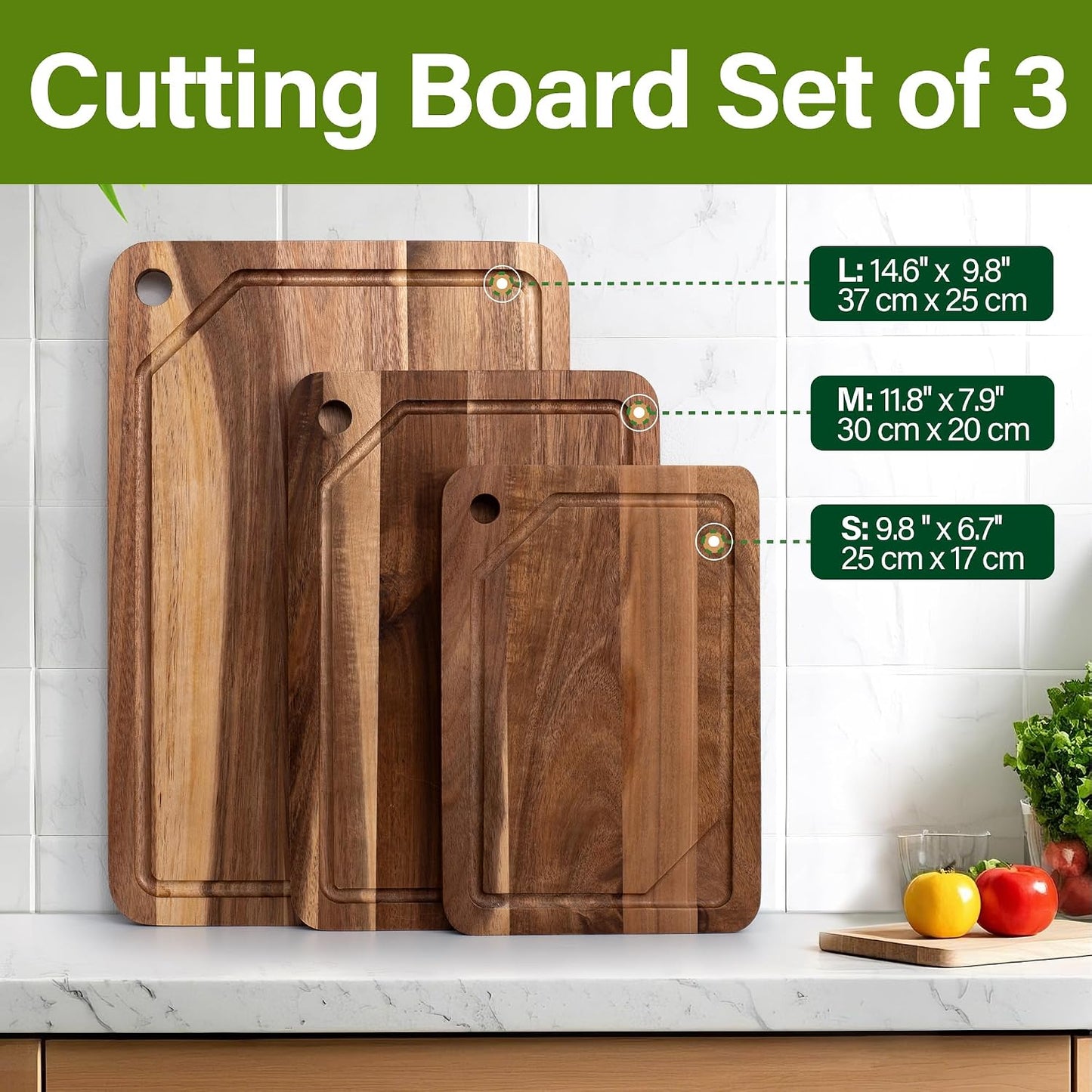 Bamboo Cutting Board Set for Kitchen, 4-Piece Labled Cuttingg Boards