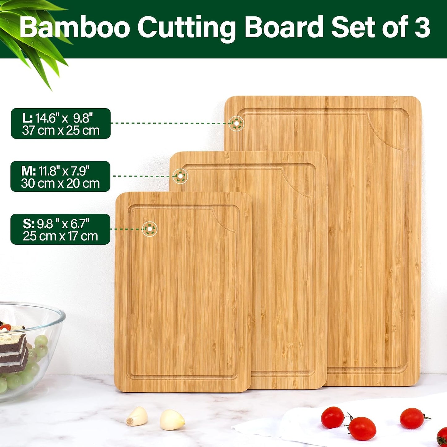 Bamboo Cutting Board Set for Kitchen, 4-Piece Labled Cuttingg Boards