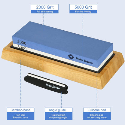 Combination Dual Sided 2000-5000 Grit Diamond Knife Sharpener Whetstone Set for Coarse Sharpening & Fine Polishing. Water Stone Kit | Adjustable Bamboo Holder Base | Precision Blade Guide