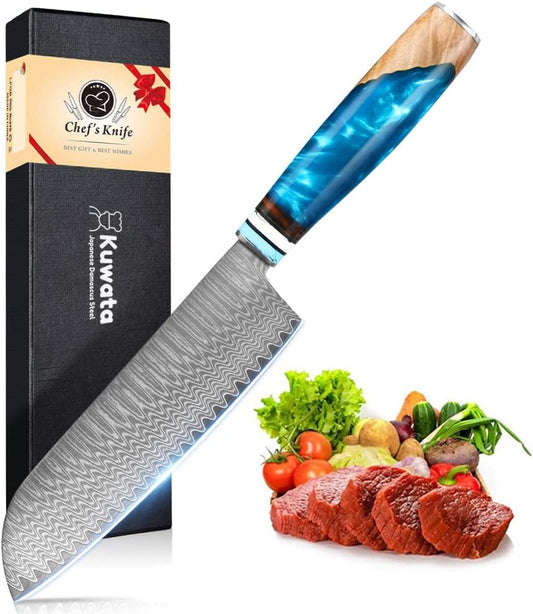 Kuwata Santoku Knife, Professional Japanese VG10 Damascus Steel Kitchen Santoku Knife, Ergonomic Wood Chef Knife Handle, Super Sharp Chefs Knives with Gift Box