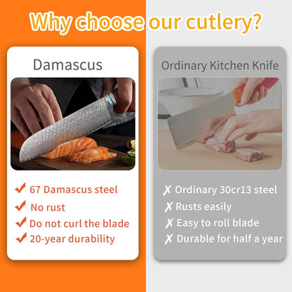 Kuwata Santoku Knife, Professional Japanese VG10 Damascus Steel Kitchen Santoku Knife, Ergonomic Wood Chef Knife Handle, Super Sharp Chefs Knives with Gift Box