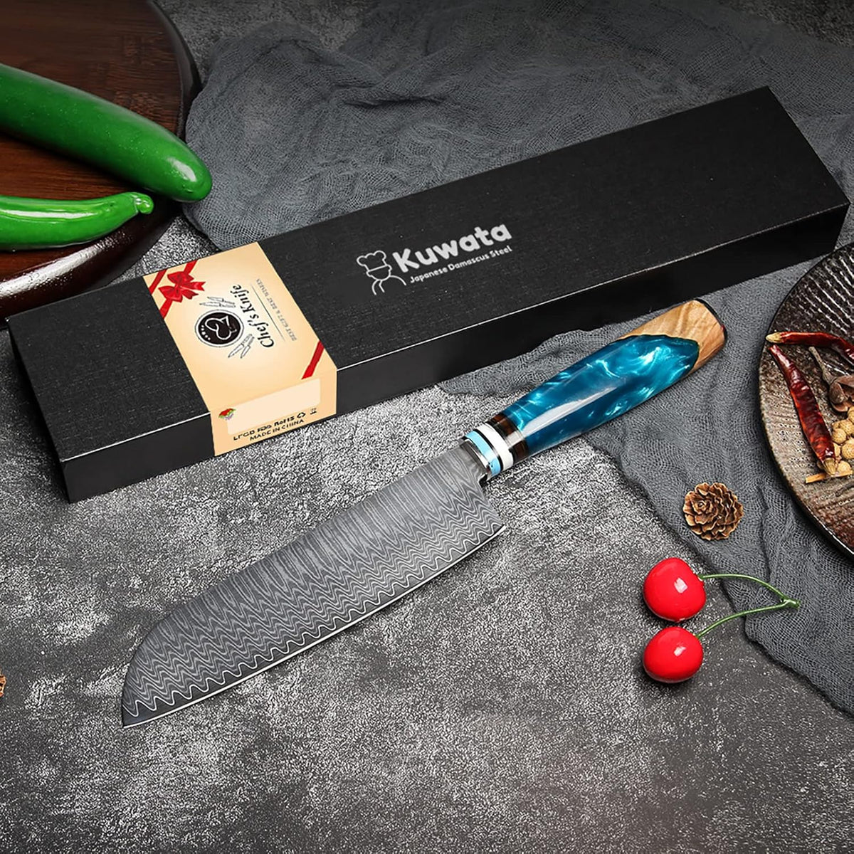 Kuwata Santoku Knife, Professional Japanese VG10 Damascus Steel Kitchen Santoku Knife, Ergonomic Wood Chef Knife Handle, Super Sharp Chefs Knives with Gift Box