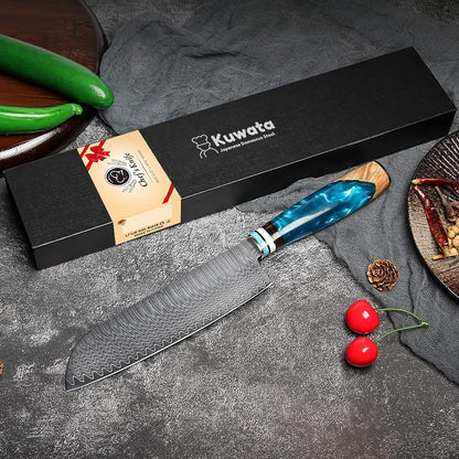 Kuwata Santoku Knife, Professional Japanese VG10 Damascus Steel Kitchen Santoku Knife, Ergonomic Wood Chef Knife Handle, Super Sharp Chefs Knives with Gift Box