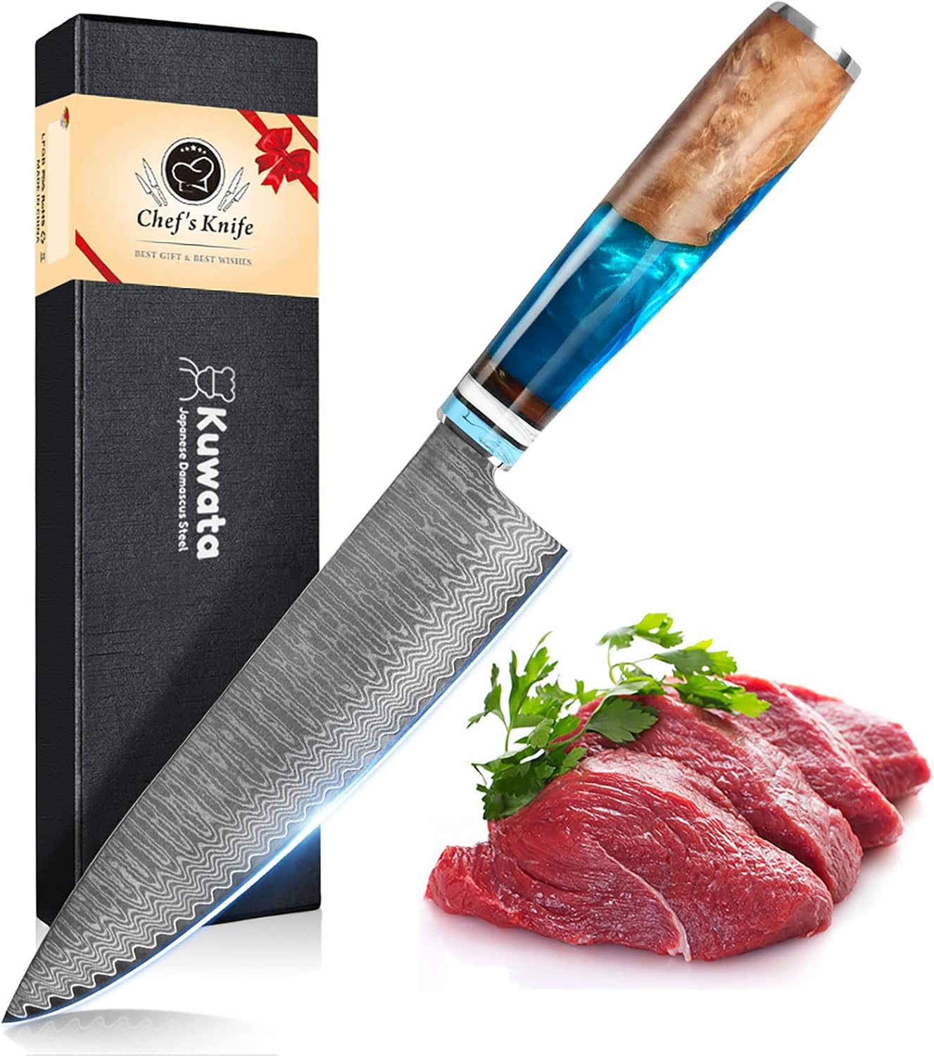 Kuwata Santoku Knife, Professional Japanese VG10 Damascus Steel Kitchen Santoku Knife, Ergonomic Wood Chef Knife Handle, Super Sharp Chefs Knives with Gift Box