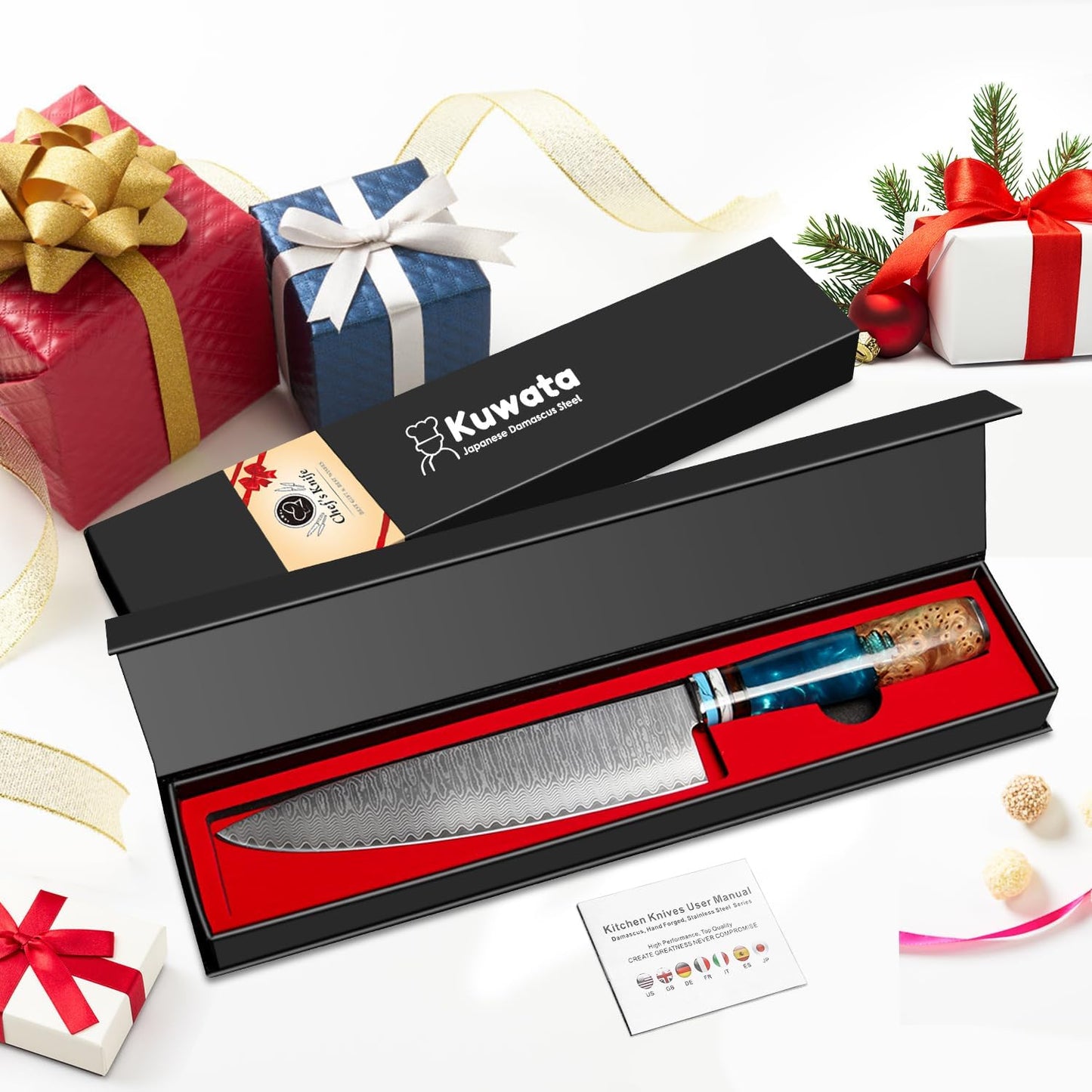 Kuwata Santoku Knife, Professional Japanese VG10 Damascus Steel Kitchen Santoku Knife, Ergonomic Wood Chef Knife Handle, Super Sharp Chefs Knives with Gift Box