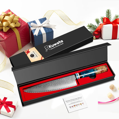Kuwata Santoku Knife, Professional Japanese VG10 Damascus Steel Kitchen Santoku Knife, Ergonomic Wood Chef Knife Handle, Super Sharp Chefs Knives with Gift Box