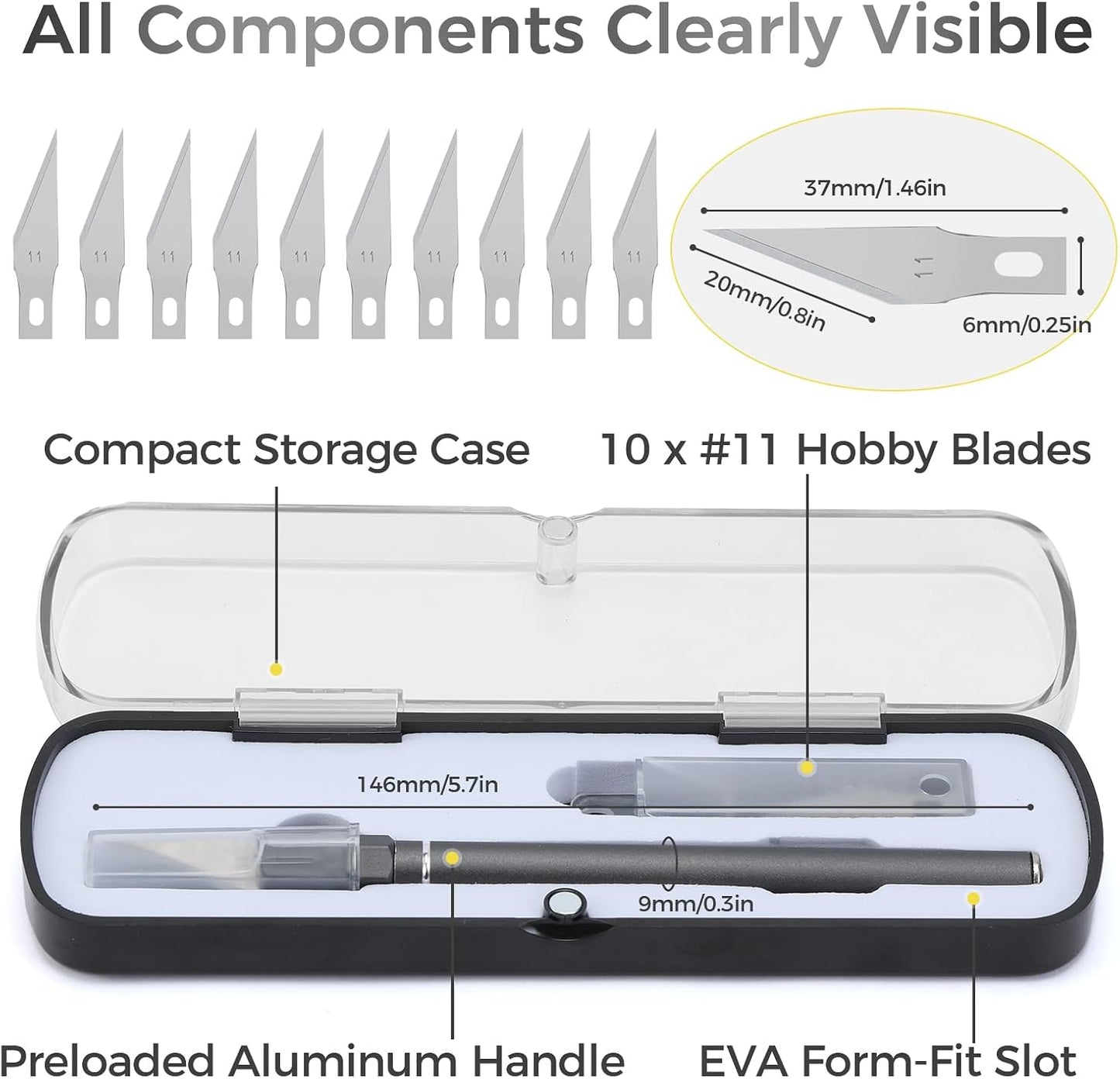 Exacto Knife Set, 12 Pcs Precision Craft Knife Kit with Aluminum Handle (Preloaded Blade), 10 Sharp #11 Hobby Knife Blades, Storage Case – for Paper, Foam, Plastic, Leather, Wood