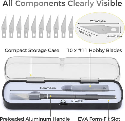 Exacto Knife Set, 12 Pcs Precision Craft Knife Kit with Aluminum Handle (Preloaded Blade), 10 Sharp #11 Hobby Knife Blades, Storage Case – for Paper, Foam, Plastic, Leather, Wood