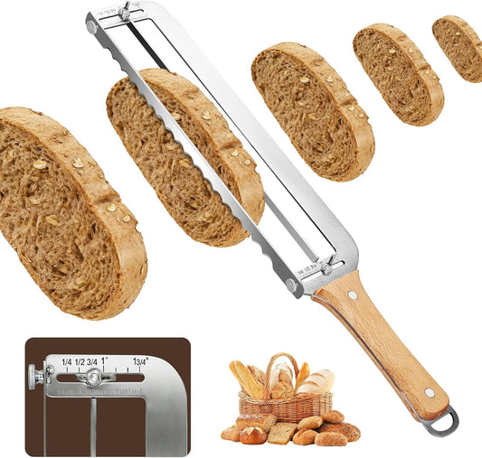 Adjustable Bread Slicer for Homemade Bread - Sourdough Bread Knife with Precision Thickness Guide & Serrated Stainless Blade, Manual Bow Bread Cutter for Bagels & Baguettes, Ideal Baker Gift