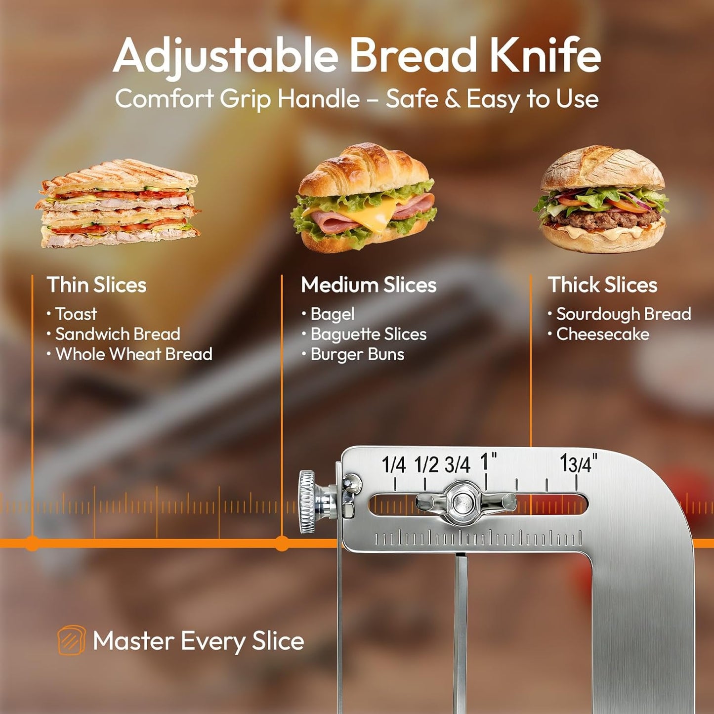 Adjustable Bread Slicer for Homemade Bread - Sourdough Bread Knife with Precision Thickness Guide & Serrated Stainless Blade, Manual Bow Bread Cutter for Bagels & Baguettes, Ideal Baker Gift