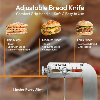 Adjustable Bread Slicer for Homemade Bread - Sourdough Bread Knife with Precision Thickness Guide & Serrated Stainless Blade, Manual Bow Bread Cutter for Bagels & Baguettes, Ideal Baker Gift