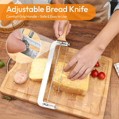 Adjustable Bread Slicer for Homemade Bread - Sourdough Bread Knife with Precision Thickness Guide & Serrated Stainless Blade, Manual Bow Bread Cutter for Bagels & Baguettes, Ideal Baker Gift