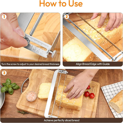 Adjustable Bread Slicer for Homemade Bread - Sourdough Bread Knife with Precision Thickness Guide & Serrated Stainless Blade, Manual Bow Bread Cutter for Bagels & Baguettes, Ideal Baker Gift