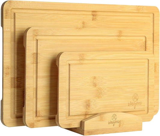Bamboo Cutting Board Set for Kitchen - Cutting Board Set of 3 with Groove and Cutting Board Rack, Easy to Clean, Ideal for Bamboo Chopping Board Set for Chopping Meat, Vegetables, Fruits