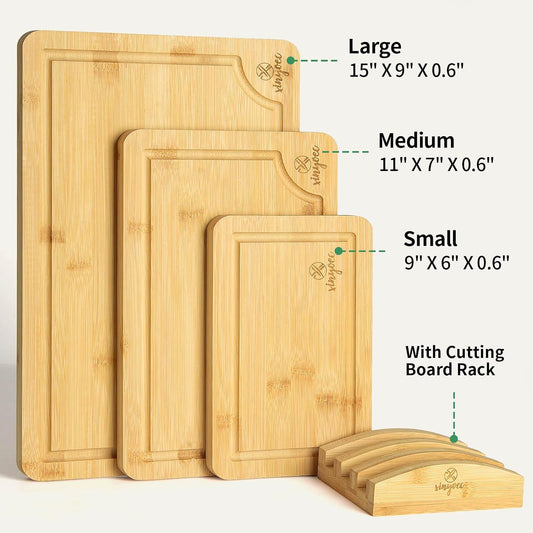 Bamboo Cutting Board Set for Kitchen - Cutting Board Set of 3 with Groove and Cutting Board Rack, Easy to Clean, Ideal for Bamboo Chopping Board Set for Chopping Meat, Vegetables, Fruits
