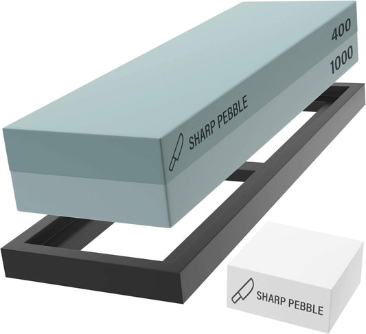 Whetstone Knife Sharpening Stone Kit - 2 Sided 400/1000 Grit | Razor Sharp Edges at Home - Wet Stone Kitchen Knife Sharpener with Flattening Stone, NonSlip Rubber Base & Angle Guide