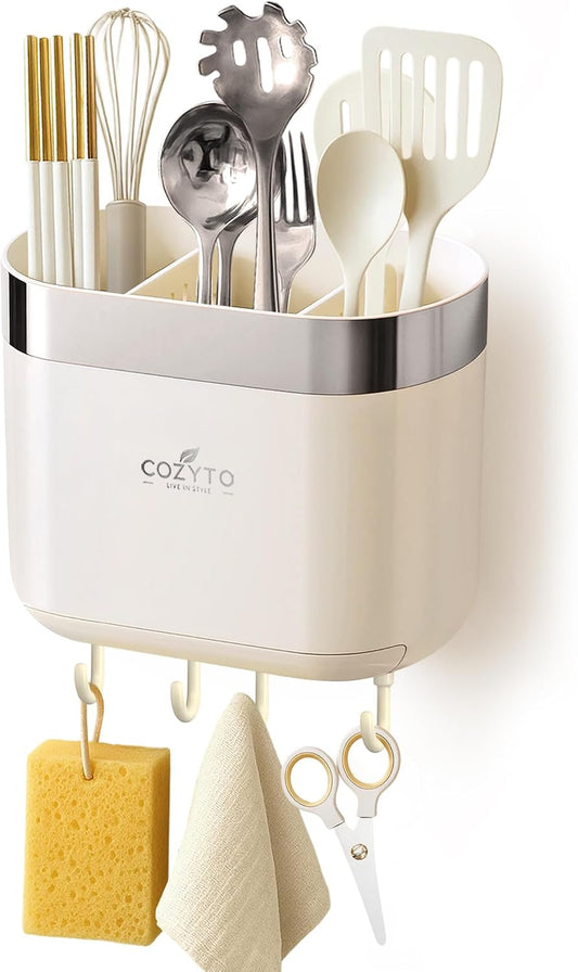 COZYTO LuxTray U1-Pro Wall Mounted Utensil Holder – Kitchen Organizer with Hooks, Dividers & Drain Tray, No-Drill Adhesive Wall Mount Storage, BPA-Free (Cream White & Shiny Silver)