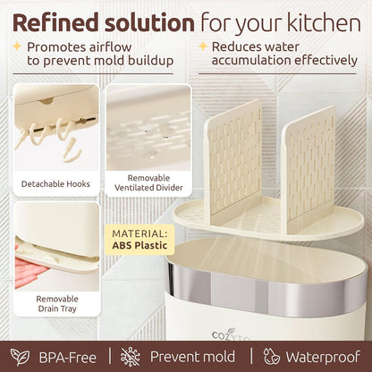 COZYTO LuxTray U1-Pro Wall Mounted Utensil Holder – Kitchen Organizer with Hooks, Dividers & Drain Tray, No-Drill Adhesive Wall Mount Storage, BPA-Free (Cream White & Shiny Silver)