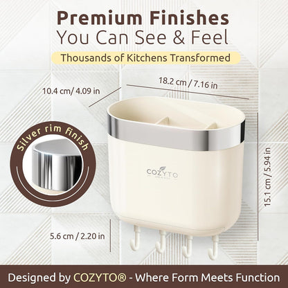 COZYTO LuxTray U1-Pro Wall Mounted Utensil Holder – Kitchen Organizer with Hooks, Dividers & Drain Tray, No-Drill Adhesive Wall Mount Storage, BPA-Free (Cream White & Shiny Silver)