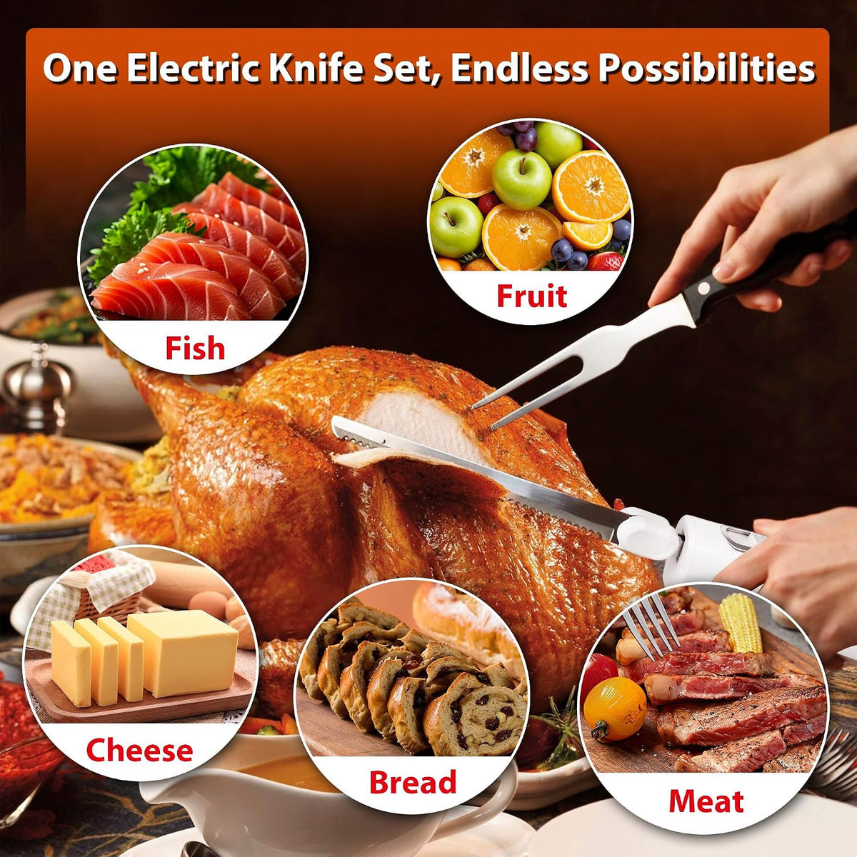 Electric Knife, Electric Carving Knife Set with Two Serrated Stainless Steel Blades, Carving Fork, with Non Slip Handle, Safety Lock and Storage Case for Meat, Bread Fish,Other and Foods.