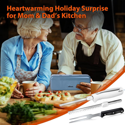 Electric Knife, Electric Carving Knife Set with Two Serrated Stainless Steel Blades, Carving Fork, with Non Slip Handle, Safety Lock and Storage Case for Meat, Bread Fish,Other and Foods.