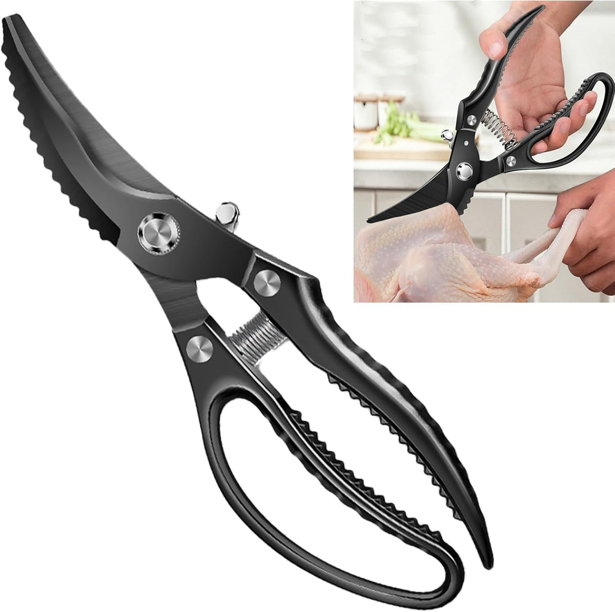 Heavy Duty Poultry Shears, Automatic Retractable Poultry Shears with Non-slip Handle and Safety Lock, Thickened Multi-purpose Kitchen Scissors for Chicken, Meat, Turkey, Fish, Nuts, Vegetables