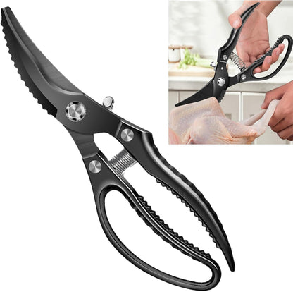 Heavy Duty Poultry Shears, Automatic Retractable Poultry Shears with Non-slip Handle and Safety Lock, Thickened Multi-purpose Kitchen Scissors for Chicken, Meat, Turkey, Fish, Nuts, Vegetables