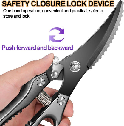 Heavy Duty Poultry Shears, Automatic Retractable Poultry Shears with Non-slip Handle and Safety Lock, Thickened Multi-purpose Kitchen Scissors for Chicken, Meat, Turkey, Fish, Nuts, Vegetables