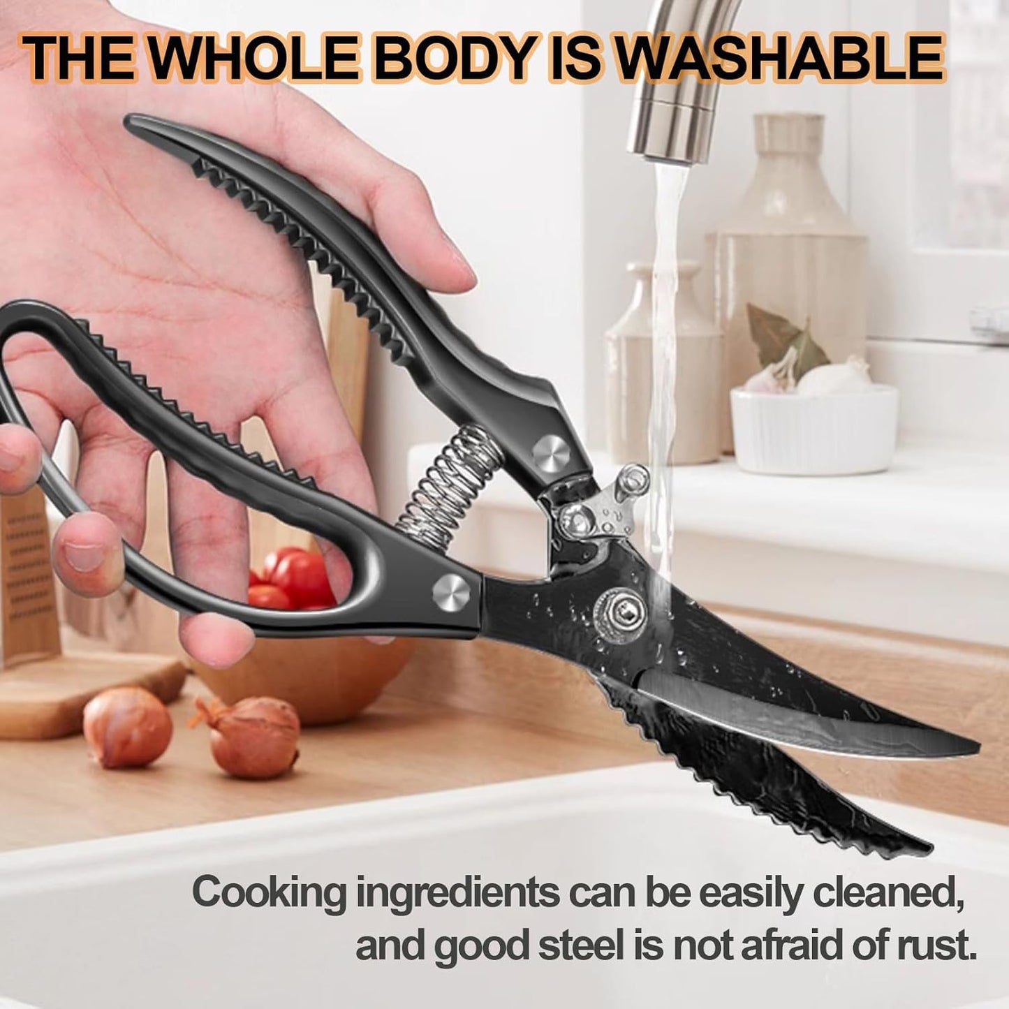 Heavy Duty Poultry Shears, Automatic Retractable Poultry Shears with Non-slip Handle and Safety Lock, Thickened Multi-purpose Kitchen Scissors for Chicken, Meat, Turkey, Fish, Nuts, Vegetables