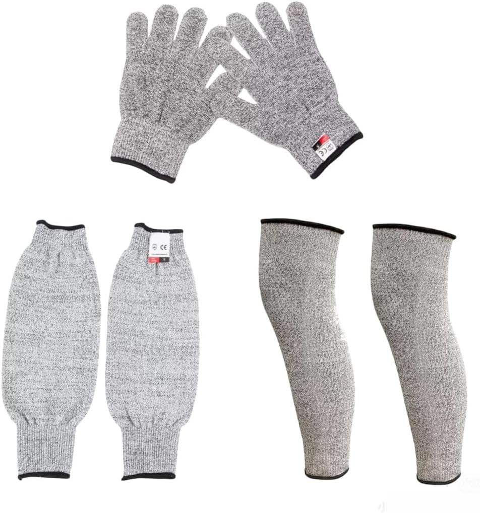 Level 5 Cut Resistant Gloves and Arm & Leg Sleeves Protection Full Set for Men,Women, Food Grade HPPE Protector for Industrial, Gardening, DIY Projects, Kitchen, L