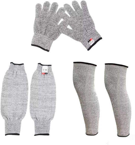 Level 5 Cut Resistant Gloves and Arm & Leg Sleeves Protection Full Set for Men,Women, Food Grade HPPE Protector for Industrial, Gardening, DIY Projects, Kitchen, L