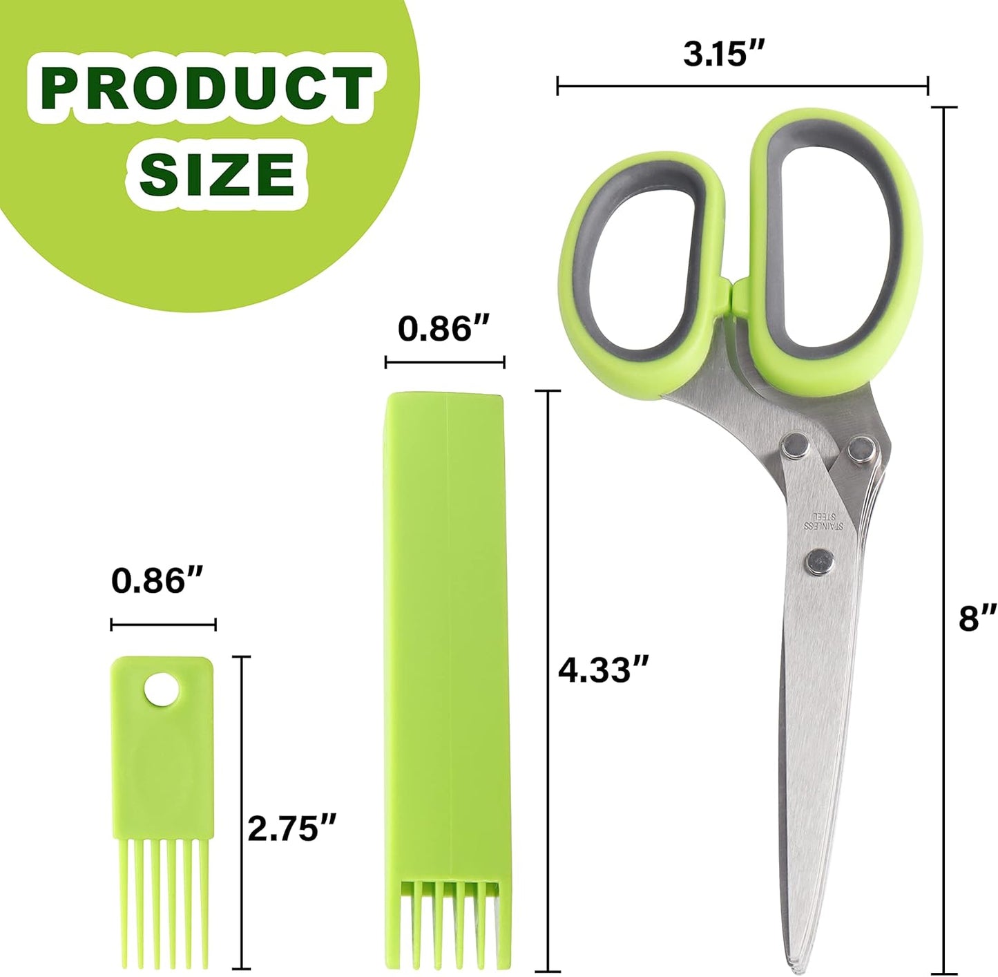 Herb Scissors, Premium Stainless Steel 5 Blade Kitchen Salad Scissors Dishwasher Safe, Sharp and Convenient 5 Blade with Safety Cover, Herb Stripping Tool and Cleaning Comb