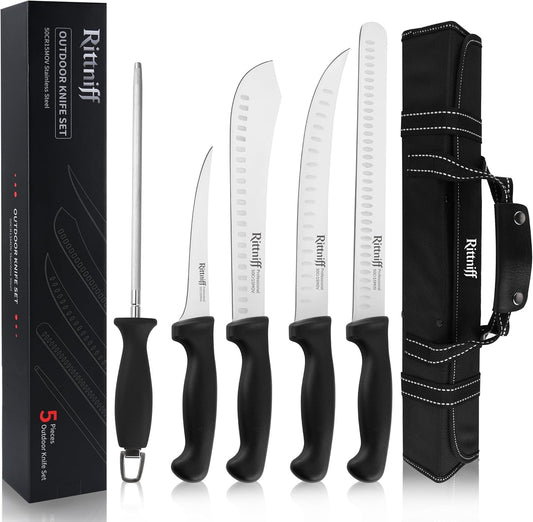 5 PCS Chef Knives with Roll Bag, Kitchen Knife Set, Sharp Stainless Steel Camping Knife for Cutting Meat, Fruits & Vegetables - Black