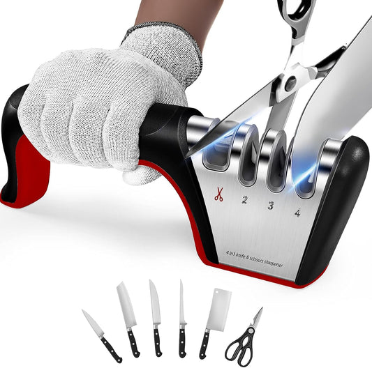4-in-1 Manual Knife Sharpener, Multi-Stage Sharpening Tool for Ceramic & Steel Knives and Scissors