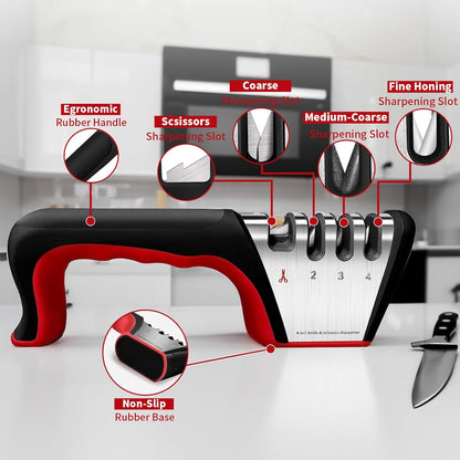 4-in-1 Manual Knife Sharpener, Multi-Stage Sharpening Tool for Ceramic & Steel Knives and Scissors