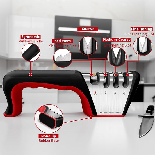 4-in-1 Manual Knife Sharpener, Multi-Stage Sharpening Tool for Ceramic & Steel Knives and Scissors