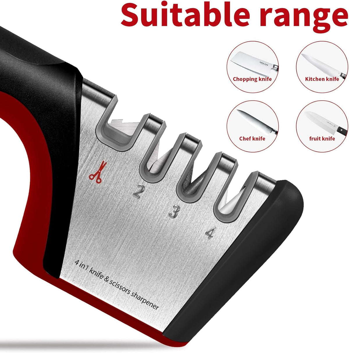4-in-1 Manual Knife Sharpener, Multi-Stage Sharpening Tool for Ceramic & Steel Knives and Scissors