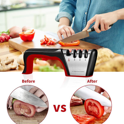 4-in-1 Manual Knife Sharpener, Multi-Stage Sharpening Tool for Ceramic & Steel Knives and Scissors