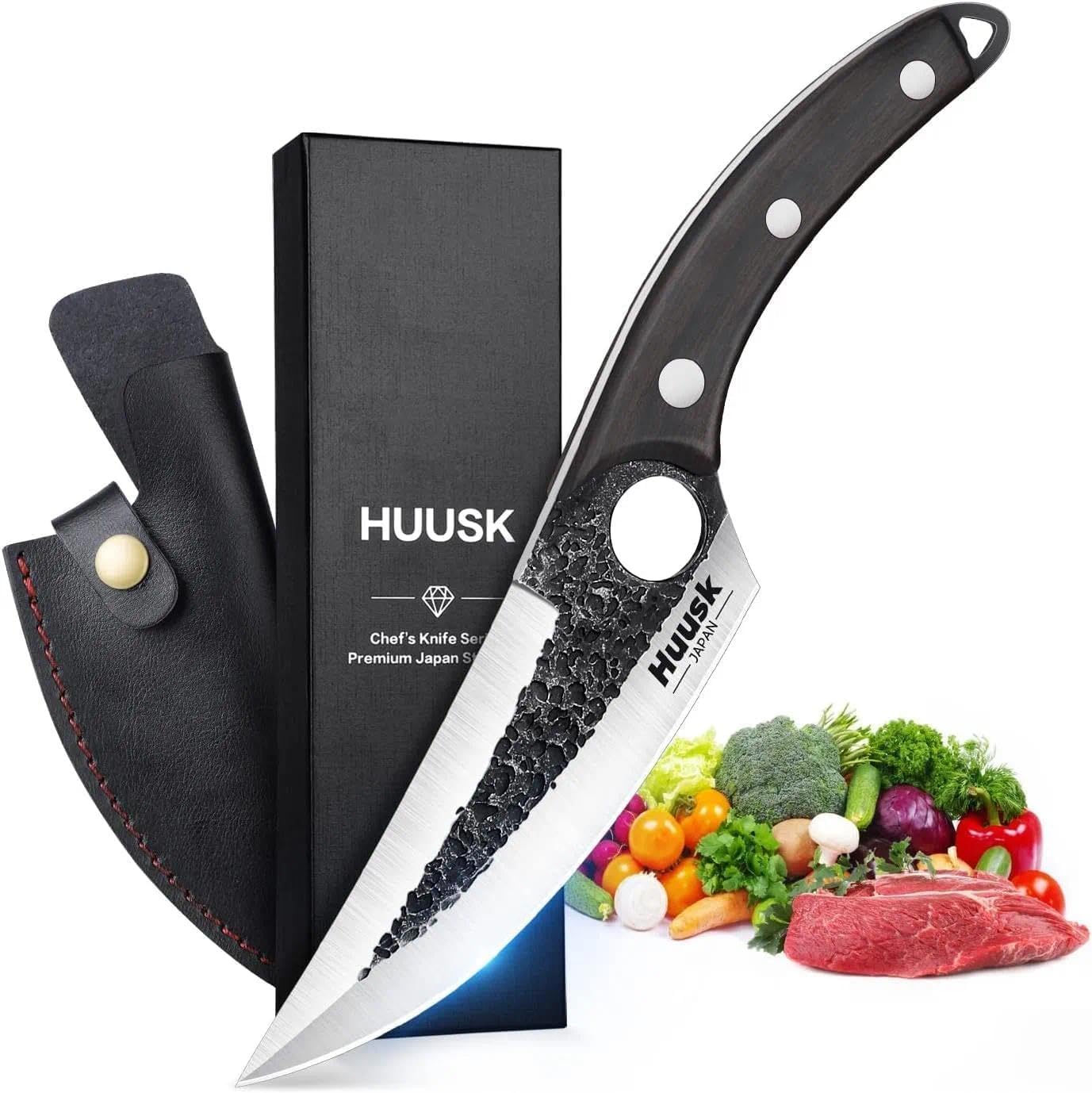 Huusk Viking Boning Knife 6 inch, Japanese Boning Knives for Meat Cutting, Full Tang Fillet Knife with Sheath, Brisket Trimming Knives for BBQ, Camping, Christmas Gift for Men and Women