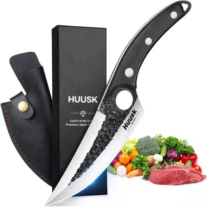Huusk Viking Boning Knife 6 inch, Japanese Boning Knives for Meat Cutting, Full Tang Fillet Knife with Sheath, Brisket Trimming Knives for BBQ, Camping, Christmas Gift for Men and Women