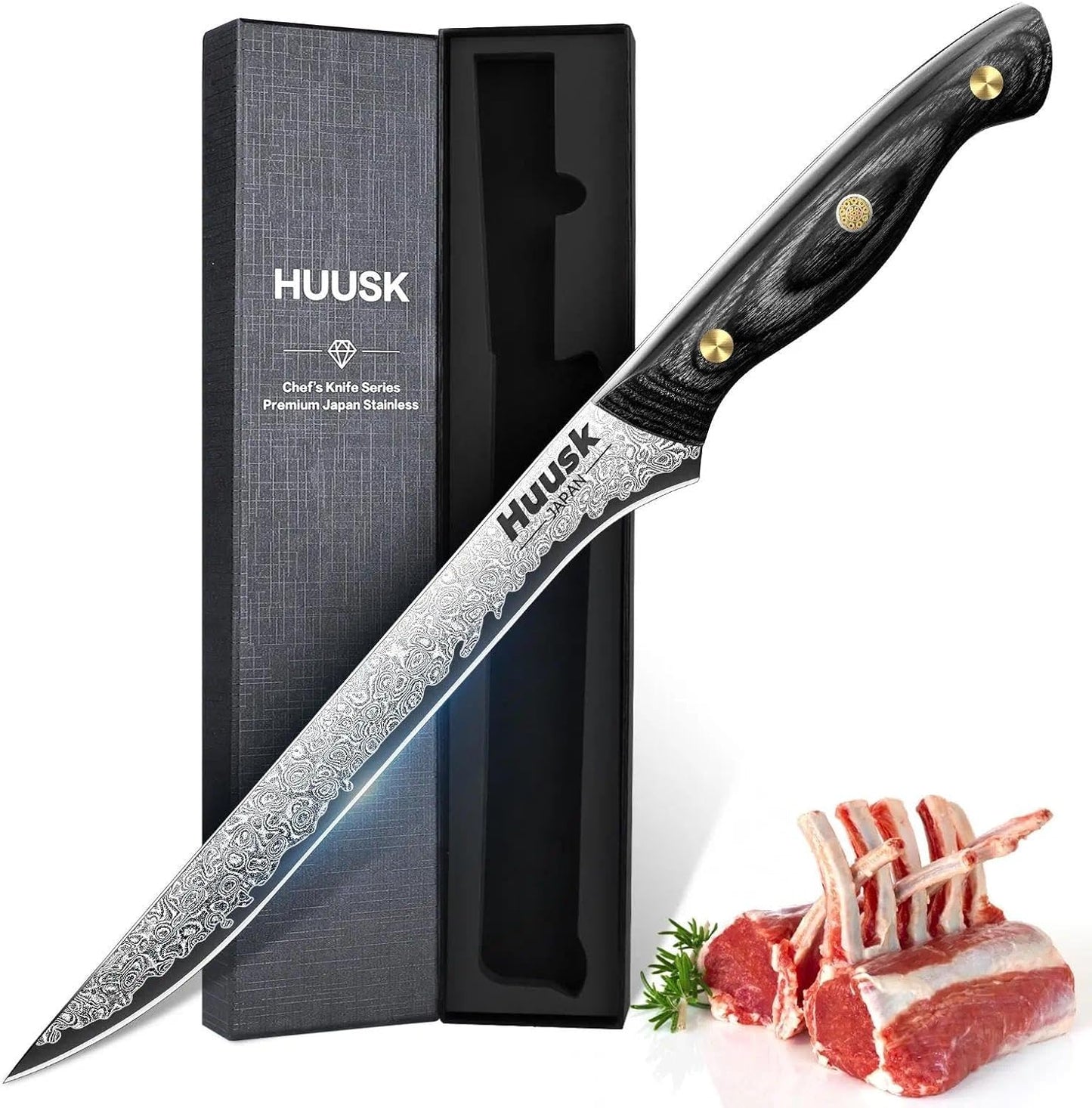 Huusk Viking Boning Knife 6 inch, Japanese Boning Knives for Meat Cutting, Full Tang Fillet Knife with Sheath, Brisket Trimming Knives for BBQ, Camping, Christmas Gift for Men and Women