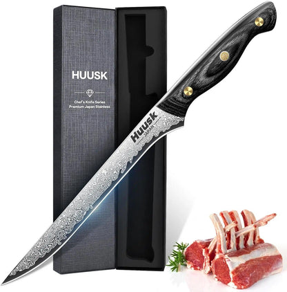 Huusk Viking Boning Knife 6 inch, Japanese Boning Knives for Meat Cutting, Full Tang Fillet Knife with Sheath, Brisket Trimming Knives for BBQ, Camping, Christmas Gift for Men and Women