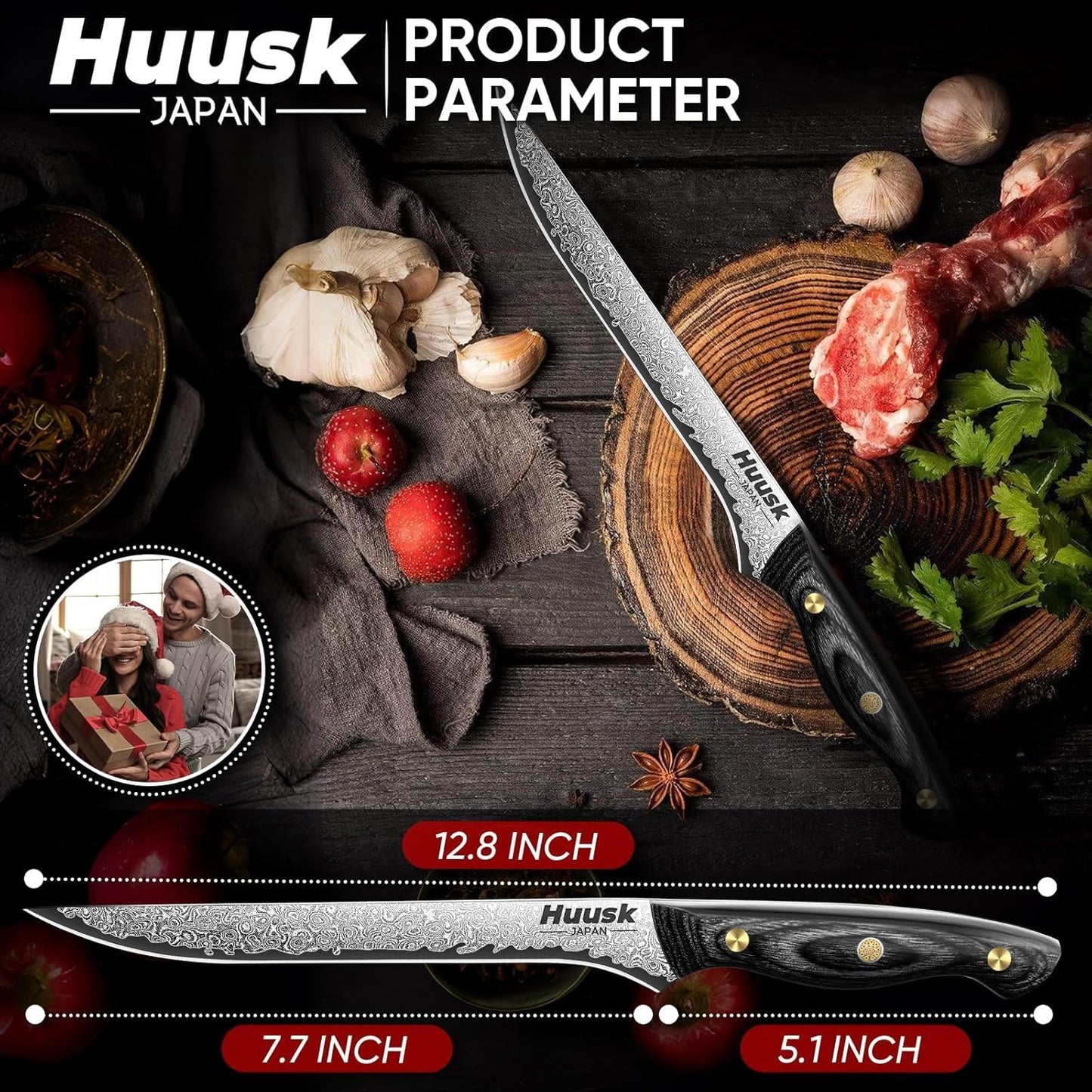 Huusk Viking Boning Knife 6 inch, Japanese Boning Knives for Meat Cutting, Full Tang Fillet Knife with Sheath, Brisket Trimming Knives for BBQ, Camping, Christmas Gift for Men and Women