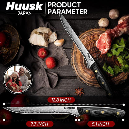 Huusk Viking Boning Knife 6 inch, Japanese Boning Knives for Meat Cutting, Full Tang Fillet Knife with Sheath, Brisket Trimming Knives for BBQ, Camping, Christmas Gift for Men and Women