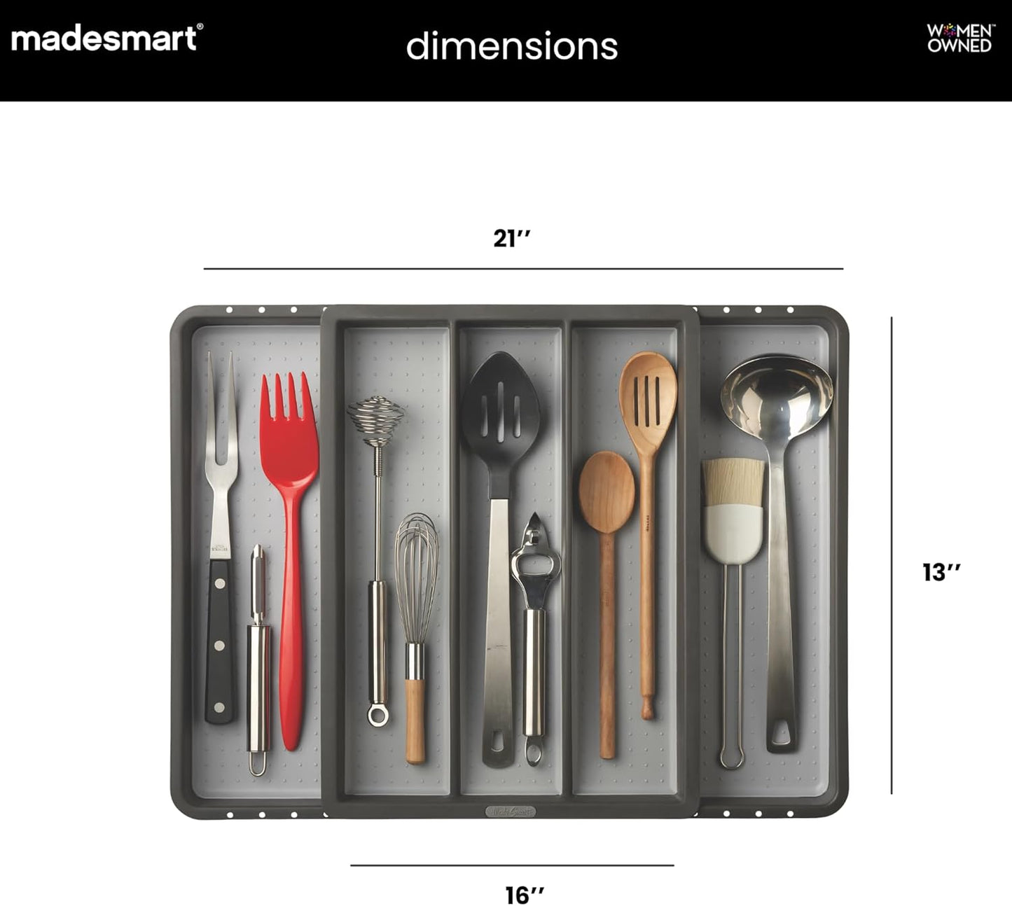 Expandable Utensil Tray, 8 Compartment Organizer for Forks, Knives & Spoons, Deep Storage for Ladles, Whisks & Serving Tools Non Slip, Soft Grip Base, Expands to Fit Most Drawers, Carbon